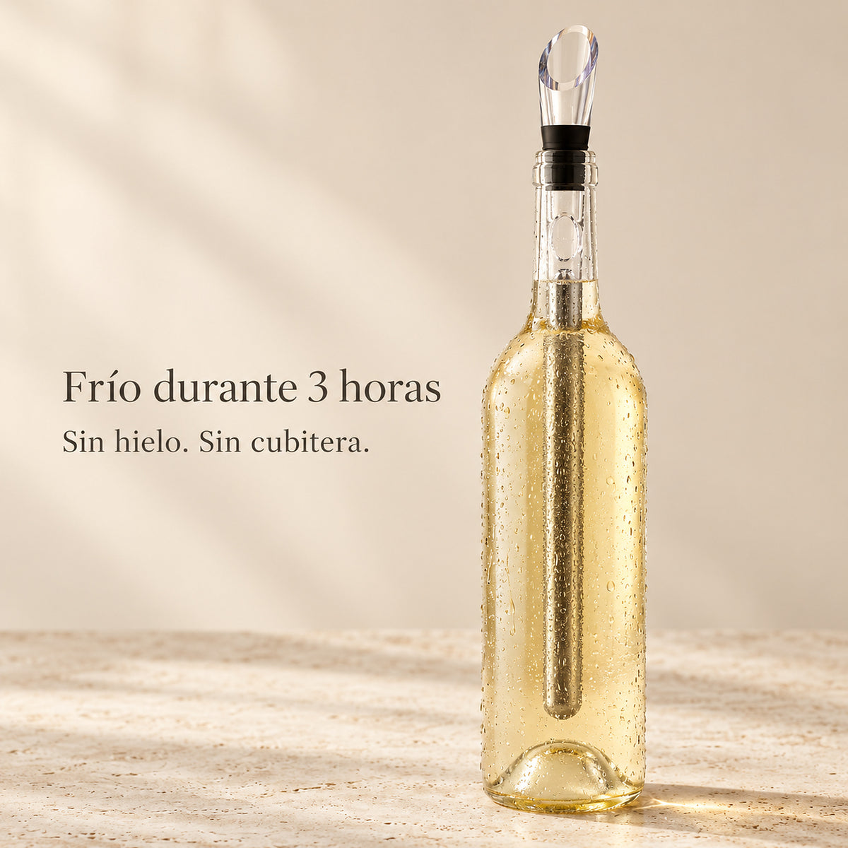 Enfriador de vino que mantiene la botella fría durante 3 horas sin hielo ni cubitera