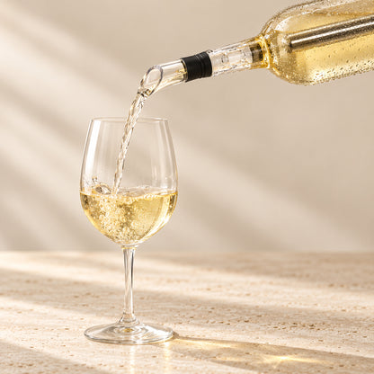 Vino blanco servido en copa a través del vertedor del enfriador de vino