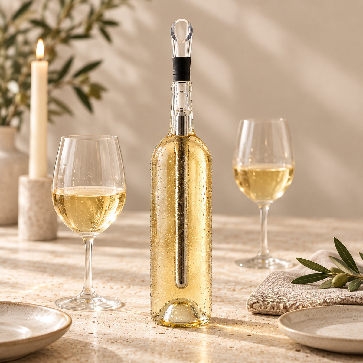 Enfriador de vino en una botella de vino blanco sobre una mesa elegante con dos copas