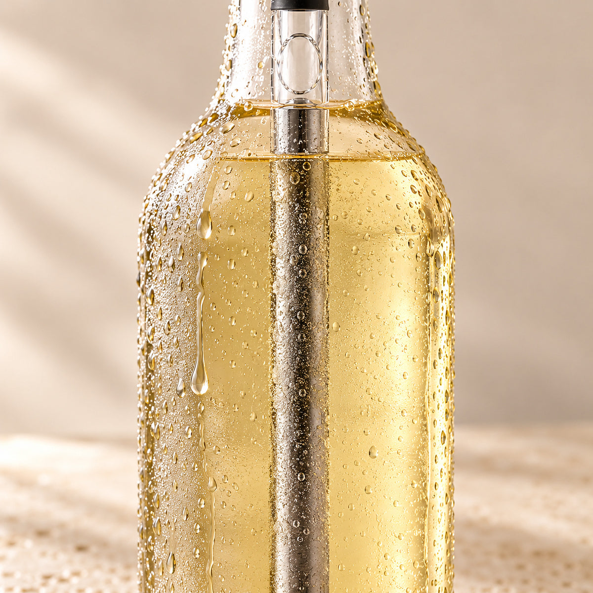 Botella de vino blanco helada con el enfriador de vino dentro y gotas de condensación