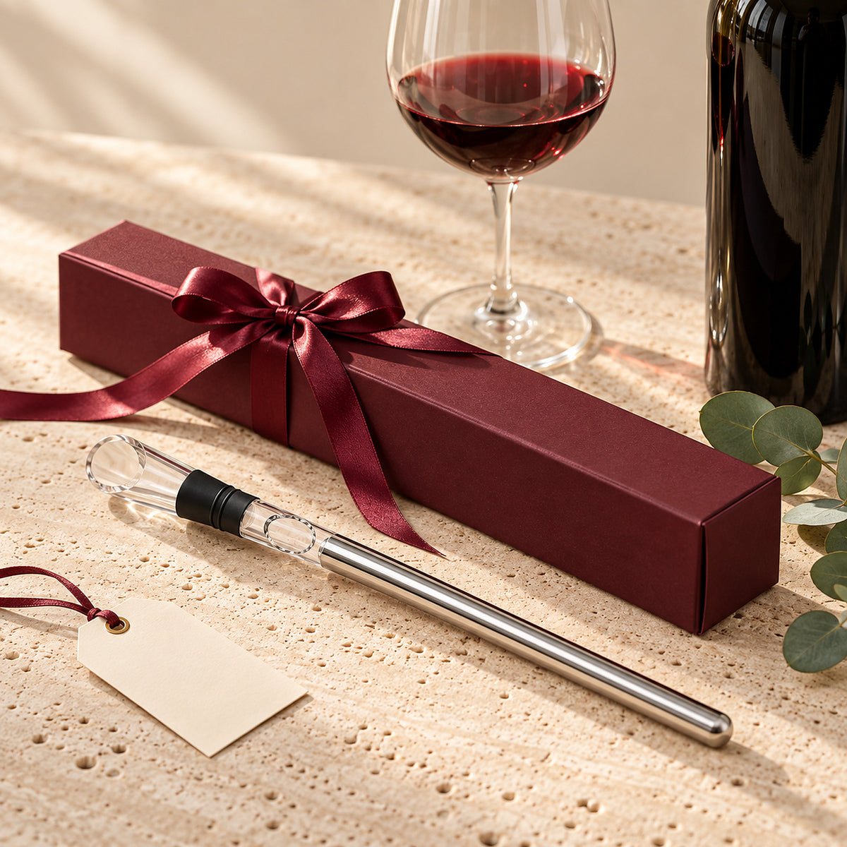 Enfriador de vino junto a una caja de regalo granate con lazo y una copa de vino tinto